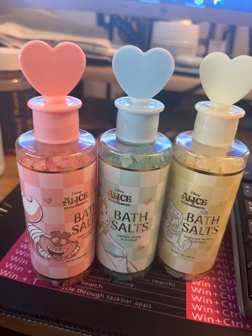 Disney Bath Salts Trio — Pink, Blue, Cream Heart-Top Bottles